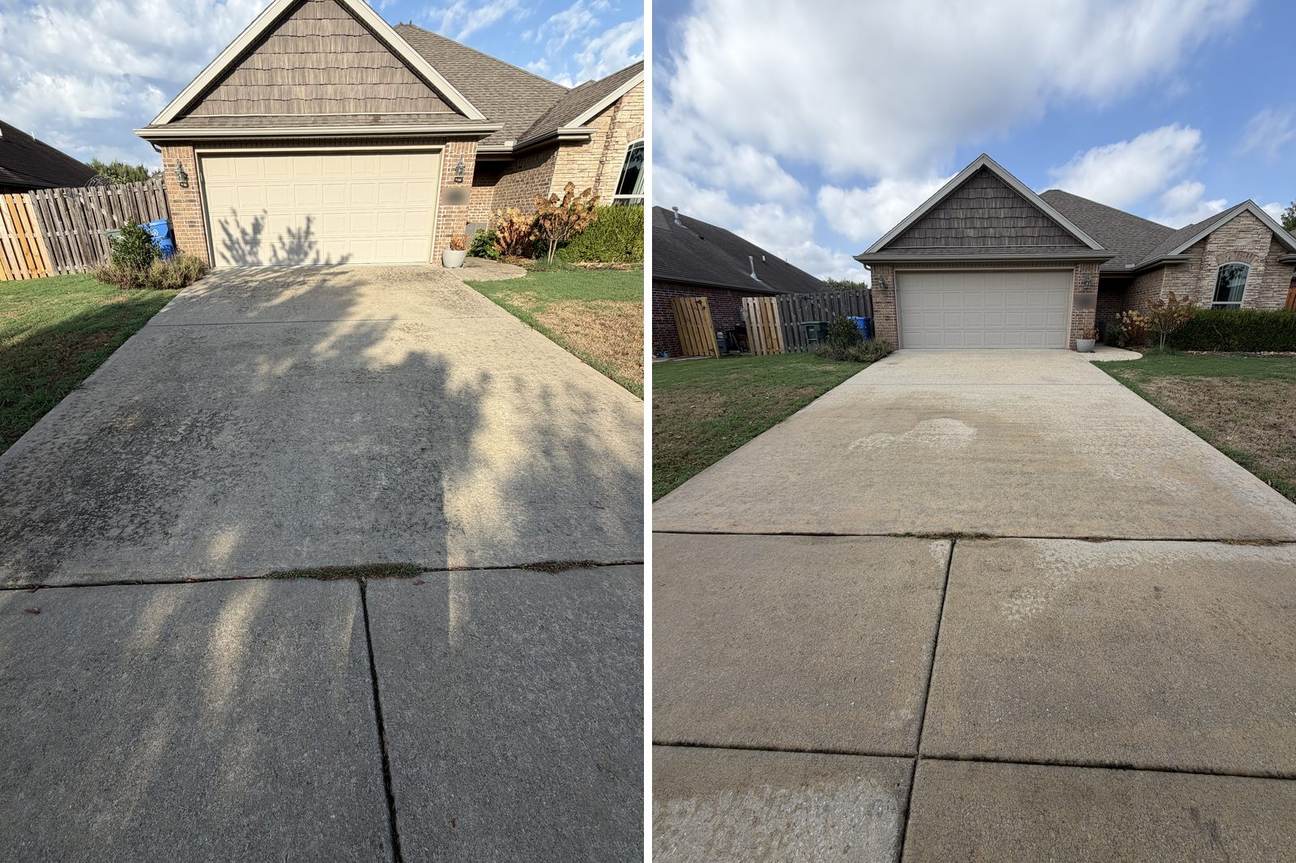 A driveway before and after a Wash It Wash It pressure wash in Fayetteville